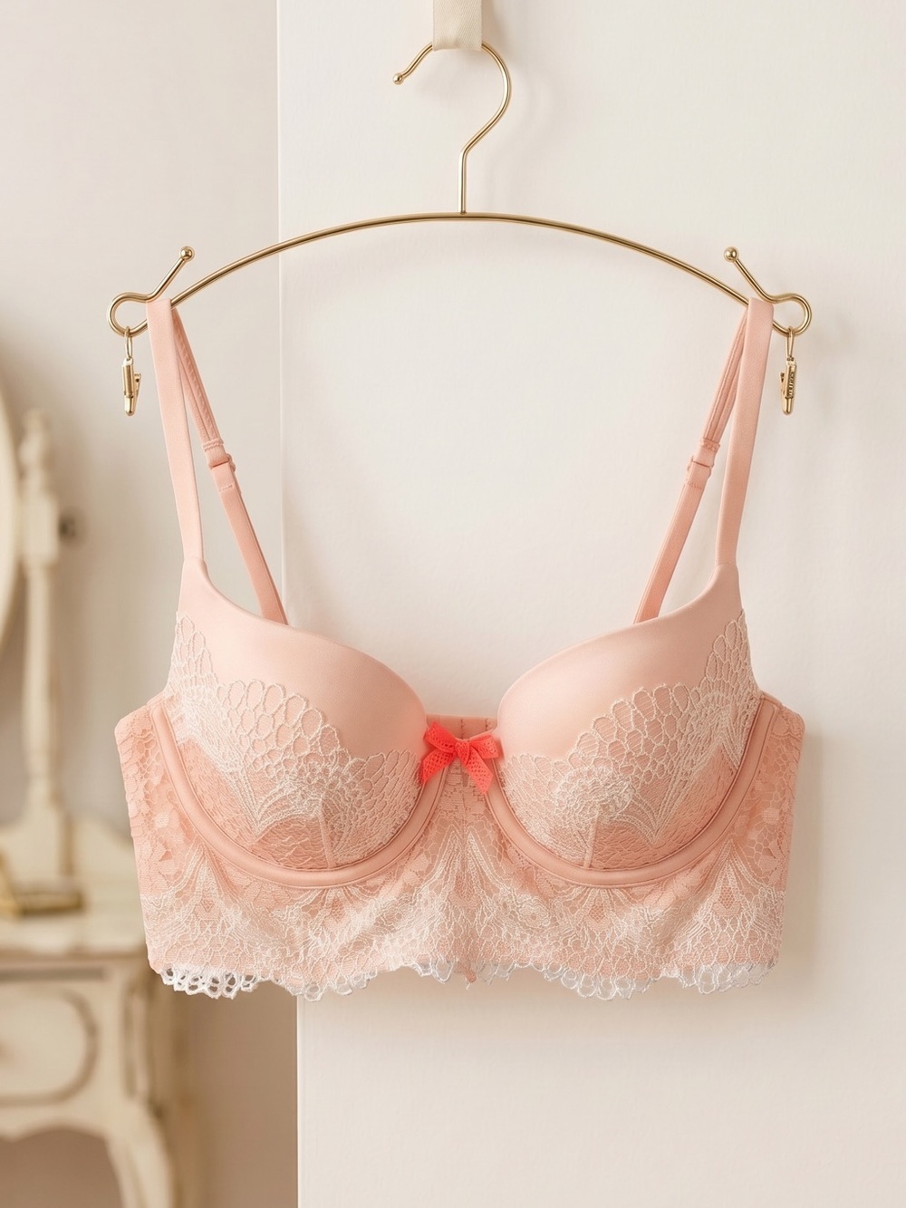 Victoria's Secret Pink Lace Longline Balconette Bra with Coral Bow